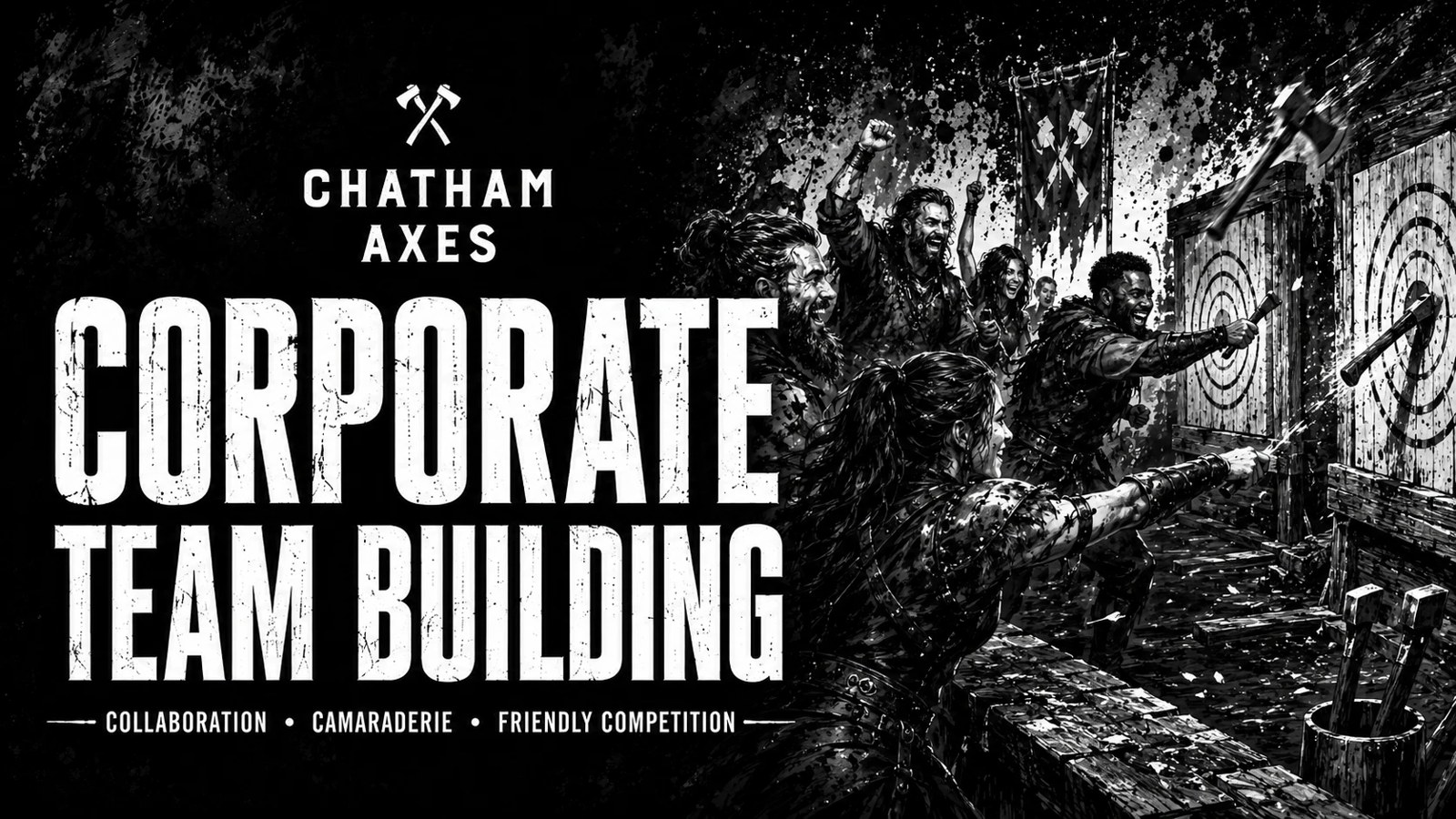 A company team taking part in a coached axe throwing session at Chatham Axes