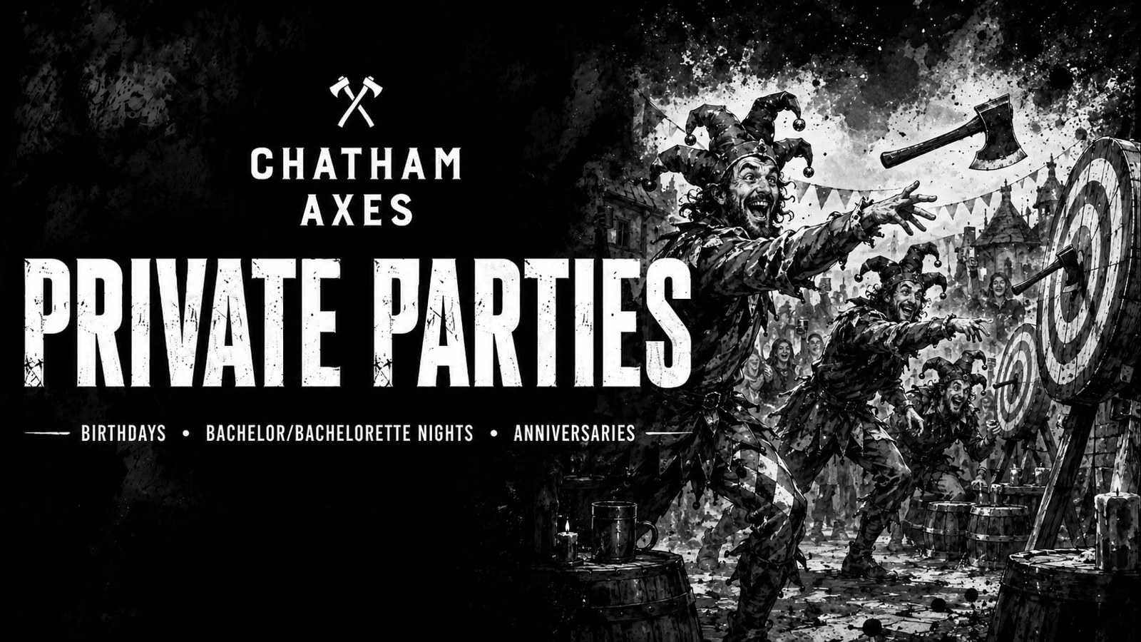 A private party group throwing axes together on the outdoor lanes at Chatham Axes